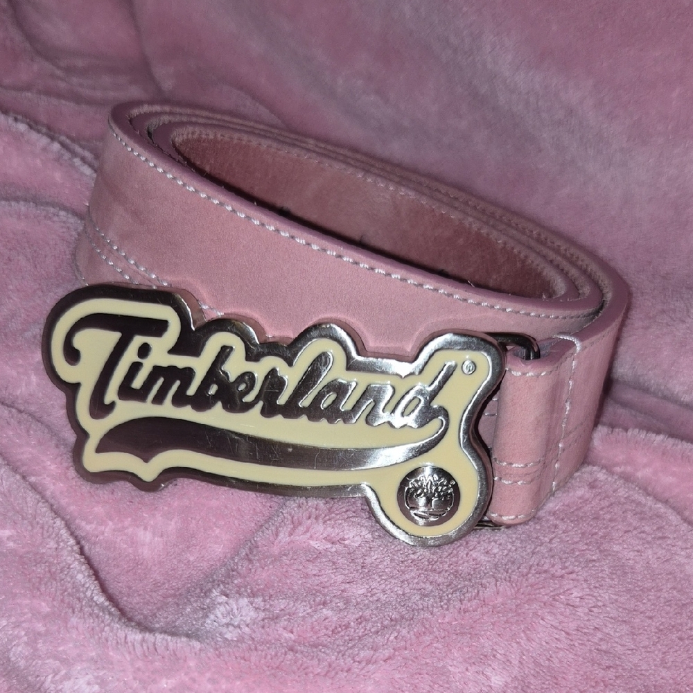 Timberland Blush Pink Leather Belt with Metal Timberland Buckle